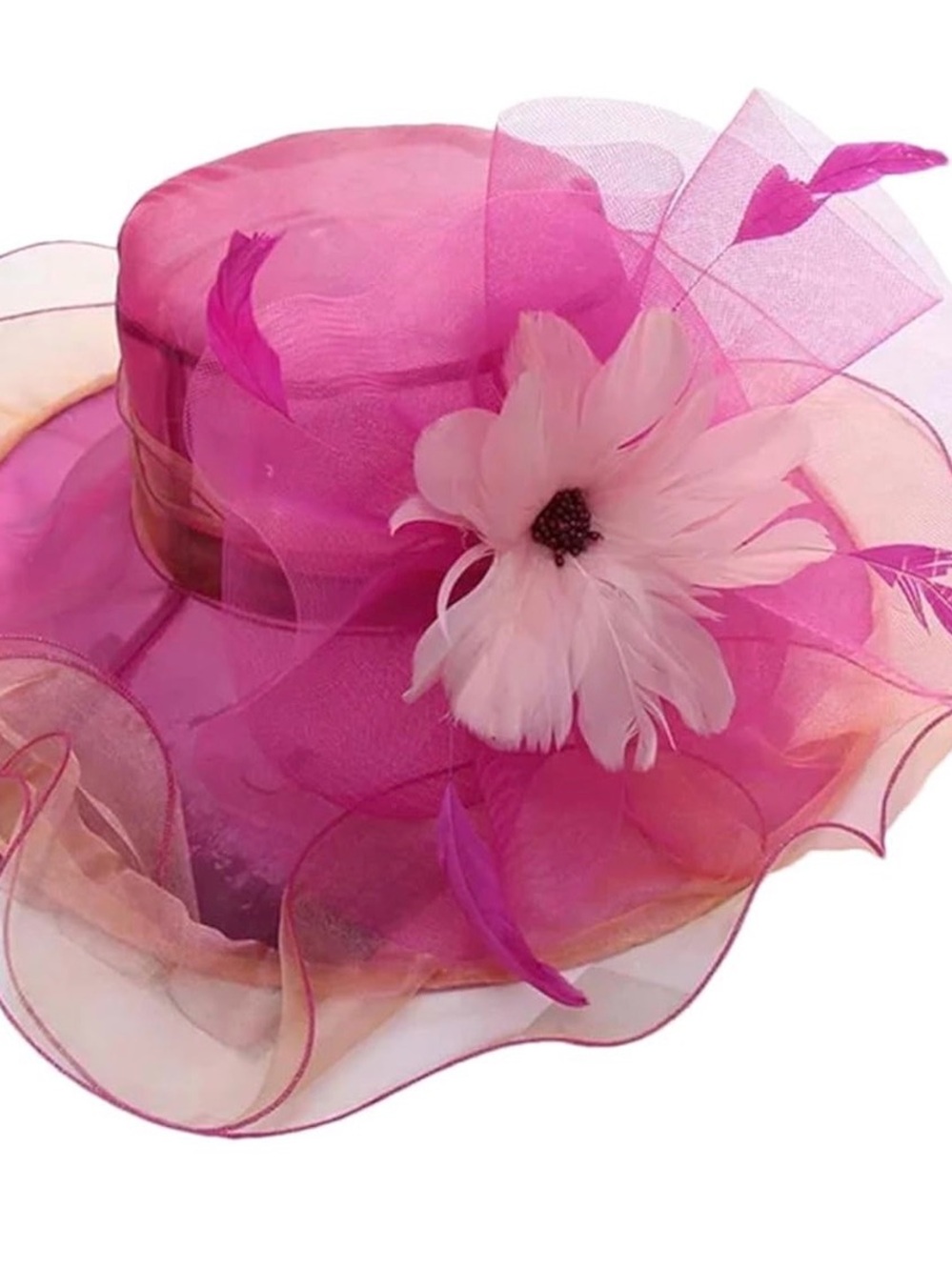 Elegant Pink Organza Floral Derby Hat with Fascinator